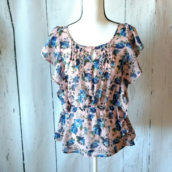 Bozzolo Tops - 5/$25 Pink Flutter Blue Floral Top L